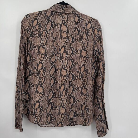 Frame Women's Button-Up Collared Snakeskin Print Tan Black Silk Top Size XS - Picture 7 of 8